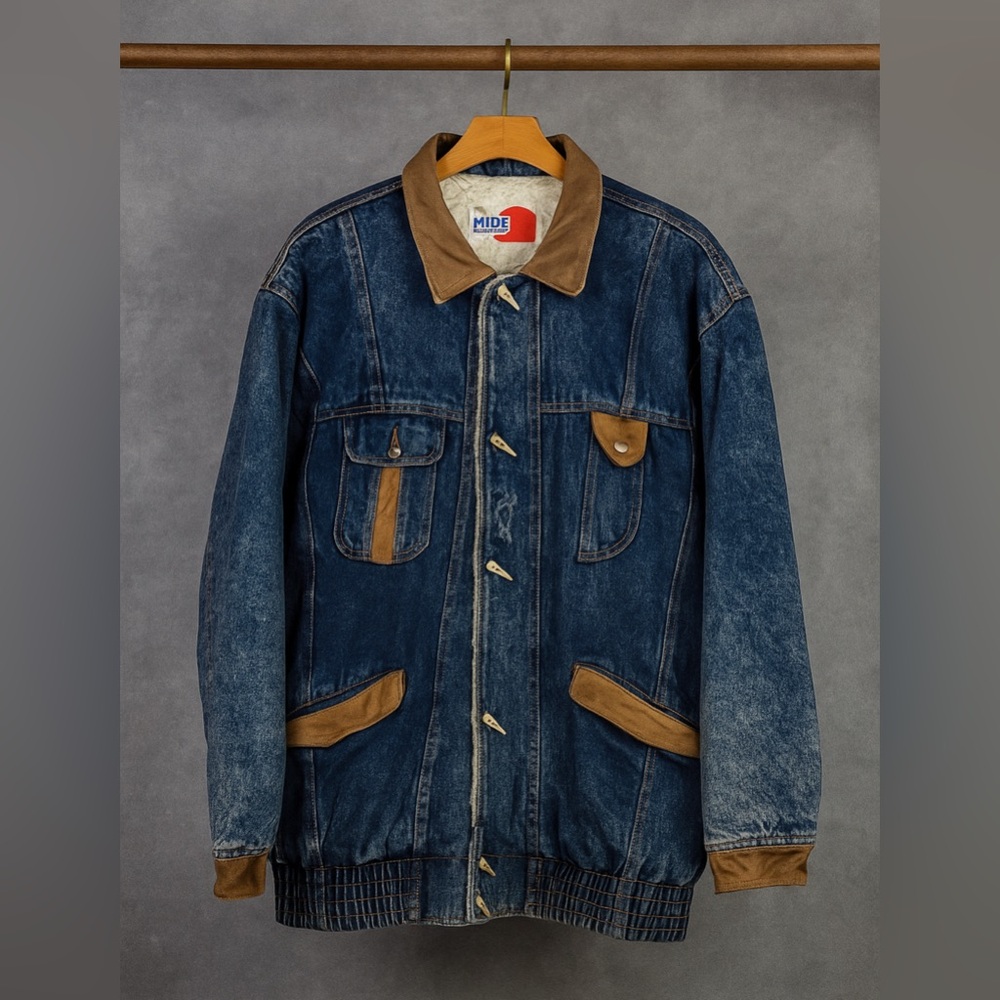 VTG 90's Limited Edition Men's Leather & Denim Sherpa Bone Toggle Button Jacket‎